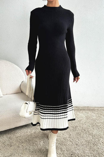 casual slight stretch crew neck contrast color ribbed knit midi dress