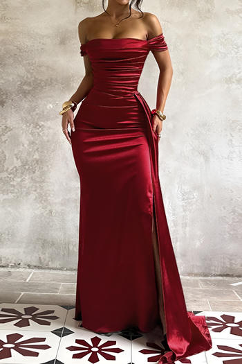 sexy slight stretch solid color off-shoulder satin pleated high slit maxi dress