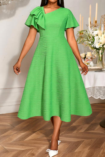 stylish plus size slight stretch textured oblique v-neck ruffle midi dress