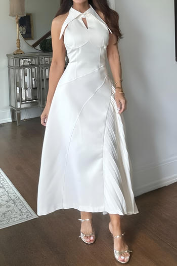 stylish plus size slight stretch pure colour sleeveless pleated midi dress