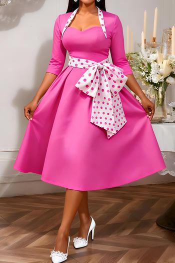 stylish plus size slight stretch polka dot printing bow midi dress