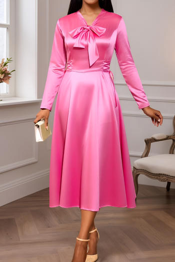 Stylish plus size non-stretch satin pure colour bow long sleeve midi dress