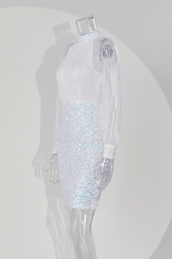 Zip-up new stylish sequin embroidered mesh stitching long sleeve elegant evening dress(Random pattern on cuff)