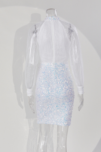 Zip-up new stylish sequin embroidered mesh stitching long sleeve elegant evening dress(Random pattern on cuff)