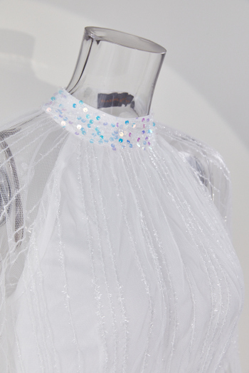 Zip-up new stylish sequin embroidered mesh stitching long sleeve elegant evening dress(Random pattern on cuff)