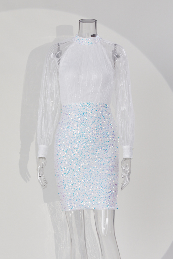 Zip-up new stylish sequin embroidered mesh stitching long sleeve elegant evening dress(Random pattern on cuff)