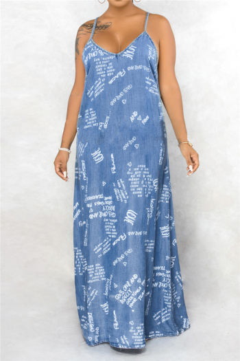 plus size summer sling letters batch printing new stylish micro elastic loose denim maxi dress