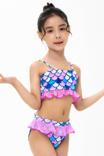 kids new colorful fish scales printing ruffle cute two-piece swimsuit (size 104-128 without padded,size 140-164 with padded)