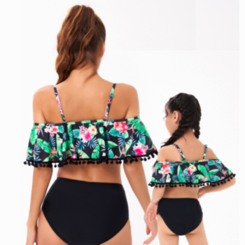 Kids new batch printing ruffle tassel cute two-piece swimsuit (size 104-128 without padded,size 140-164 with padded)