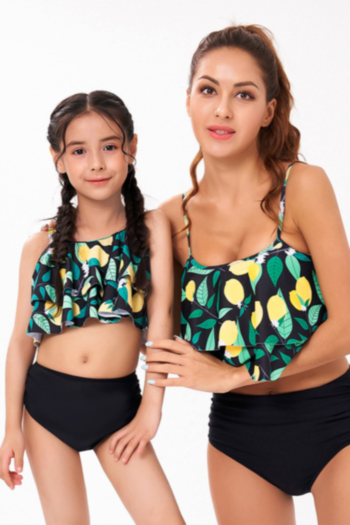 Kids new plus size fruit batch printing sling ruffle stylish cute two-piece swimsuit (size s-l without padded,size xl-3xl with padded)