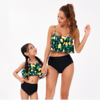 Kids new plus size fruit batch printing sling ruffle stylish cute two-piece swimsuit (size s-l without padded,size xl-3xl with padded)