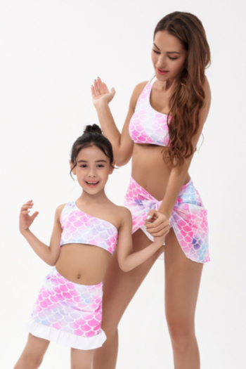 kids new plus size multicolor fishscal printing one-shoulder stylish cute three-piece swimsuit (size s-l without padded,size xl-3xl with padded)