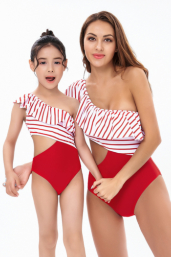 kids new plus size striped spliced one-shoulder hollow ruffle stylish cute one-piece swimsuit (size s-l without padded,size xl-3xl with padded)