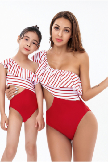 mom parent-child new striped spliced padded one-shoulder ruffle hollow sexy stylish one-piece swimsuit