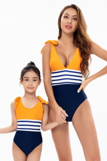 kids new plus size contrast color spliced tie-shoulder stylish cute one-piece swimsuit (size s-l without padded,size xl-3xl with padded)