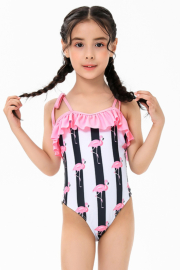 kids new plus size flamingo printing tie-shoulder ruffle stylish cute one-piece swimsuit (xl-3xl with padded)