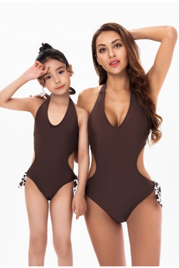 kids new plus size solid color halter-neck hollow lace-up stylish cute one-piece swimsuit (size s-l without padded,size xl-3xl with padded)
