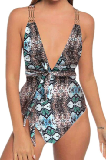 new snake batch printing padded metal accessories deep v backless lace-up sexy one-piece swimsuit