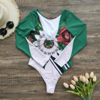 New graphic printing padded long-sleeve backless stylish surfing one-piece swimsuit