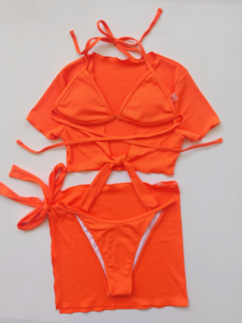 New solid color padded halter-neck sexy four-piece swimsuit