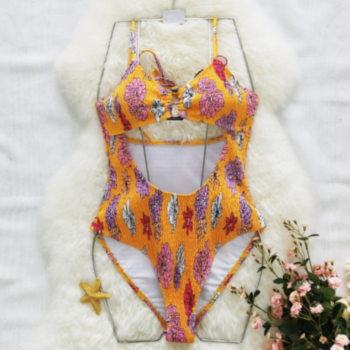 New flowers printing padded hollow lace-up square-ring linked sexy one-piece swimsuit
