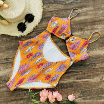 New flowers printing padded hollow lace-up square-ring linked sexy one-piece swimsuit