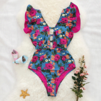 New multicolor floral printing padded deep v ruffle sexy exquisite one-piece swimsuit 2#