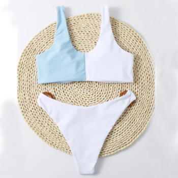 New contrast color spliced padded resin-ring linked sexy two-piece bikini