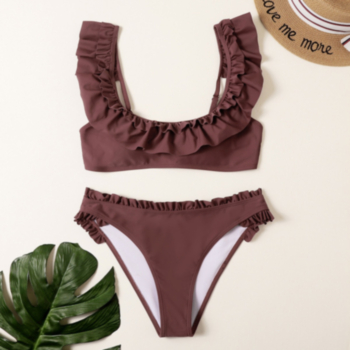New solid color padded ruffle adjustable straps sexy two-piece swimwear