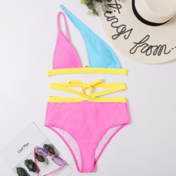New contrast color spliced padded hollow high waist adjustable straps sexy two-piece bikini