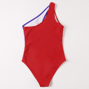 New contrast color spliced padded one-shoulder hollow metal-ring linked sexy hot one-piece bikini