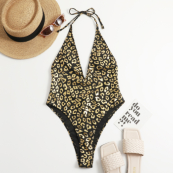 Leopard print padded halter-neck sexy classic one-piece swimsuit