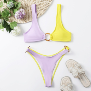 Contrast color spliced padded resin-ring linked lace-up sexy two-piece bikini