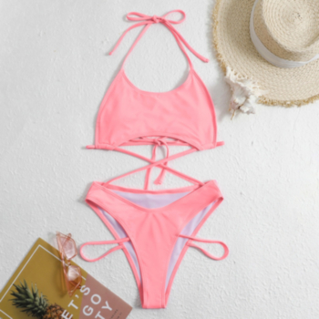 Solid color padded halter-neck lace-up hollow sexy hot one-piece bikini