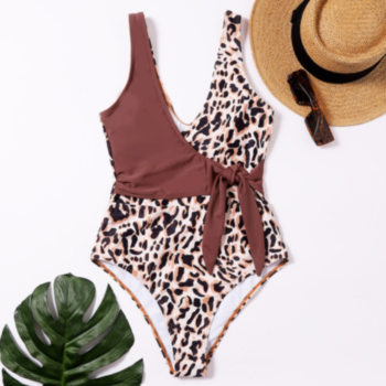 Four colors leopard contrast color spliced padded lace-up sexy hot one-piece swimsuit