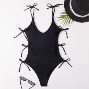 Solid color padded tie-shoulder lace-up side hollow sexy hot one-piece swimsuit