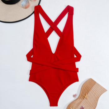 Sexy classic solid color padded deep v backless lace-up one-piece swimsuit