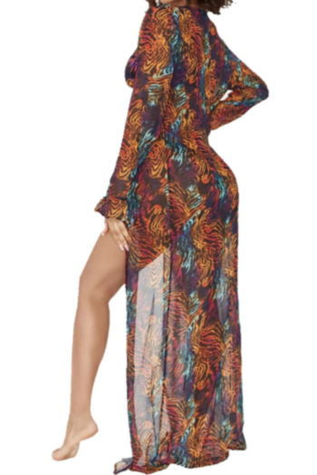 Plus size batch printing mesh see through sexy loose beach cover-ups (with belt)