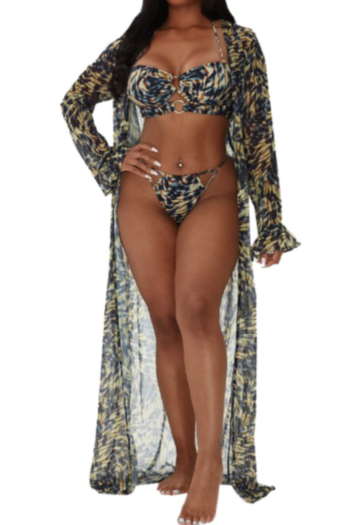 plus size batch printing long sleeve mesh see through sexy loose beach cover-ups (with belt)