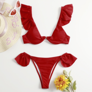 Solid color padded underwire adjustable straps ruffle sexy classic two-piece swimsuit