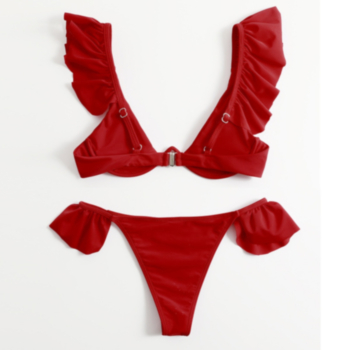 Solid color padded underwire adjustable straps ruffle sexy classic two-piece swimsuit