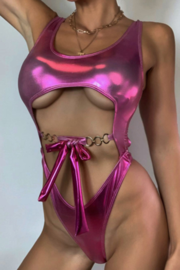 New PU fabric padded hollow metal-chain backless sexy hot one-piece bikini
