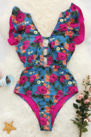 New floral printing padded deep v ruffle sexy one-piece swimsuit