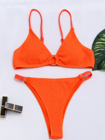 New solid color texture padded adjustable straps metal-ring linked sexy two-piece bikini