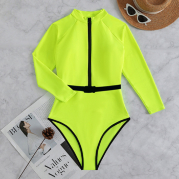 New solid color padded zip-up stylish surfing one-piece swimsuit with quickly-buckle belt