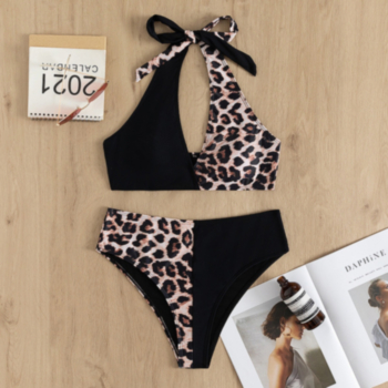 Leopard printing and black spliced padded halter-neck sexy two-piece swimsuit