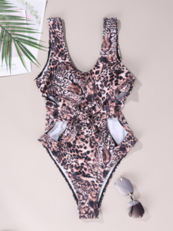 New leopard batch printing padded hollow lace-up sexy hot one-piece bikini