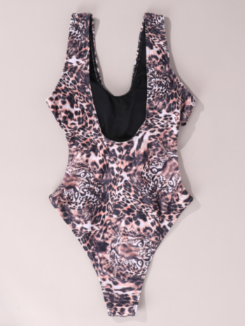 New leopard batch printing padded hollow lace-up sexy hot one-piece bikini