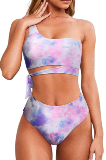 new three colors tie-dye padded one-shoulder lace-up high waist sexy two-piece swimsuit
