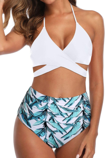 plus size leaf printing padded halter-neck high waist sexy stylish two-piece swimsuit